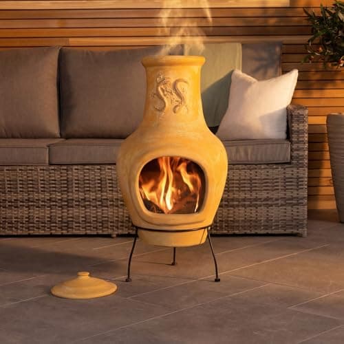 Image of CHARLES BENTLEY Outdoor, Garden, Patio, Large Terracotta Clay Chimenea, Patio Heater, Easy To Assemble, Rustic Finish, Lizard Design, Burns Wood, Clay And Steel Stand, Weatherproof (80x40cm)