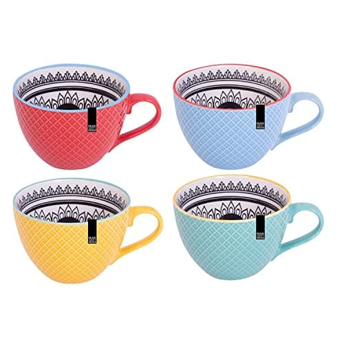 Image of YöL Set Of 4 Mugs Bohemian Modern Design Embossed Mugs New Bone China Coffee Tea Cups Mug Set Stylish Trendy Boho Mixed Colours