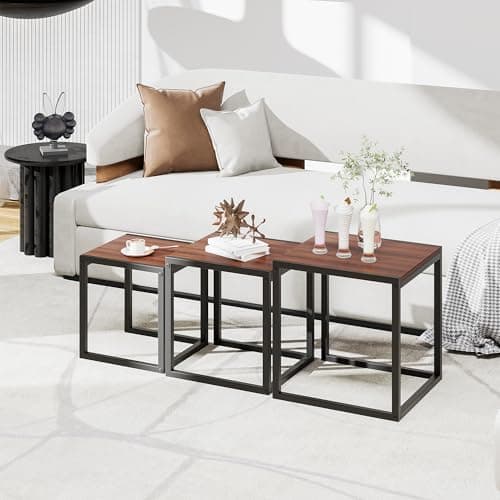 Image of DUMEE Nesting Coffee Tables Set of 3, Stacking Side Tables, Sofa End Tables, Wooden Coffee Table, Steel Metal Legs for Living Room, Walnut