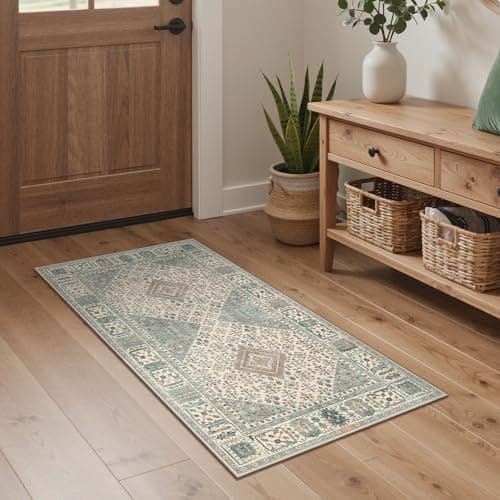 Image of GENIMO Runner Rug 60x120cm,Washable Oriental Ethnic Pattern Rug for Hallway,No Pile Boho Carpet with Non Slip Backing for Bedroom,Kitchen,Landary Balcony,Green