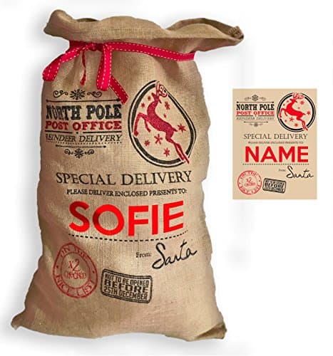 Image of SMARTYPANTS Extra Large Personalised Name Premium Hessian Santa Sack - NORTH POLE POST OFFICE Santa Claus Reindeer Red Ribbon Christmas Festive Holiday Present Gift Bag