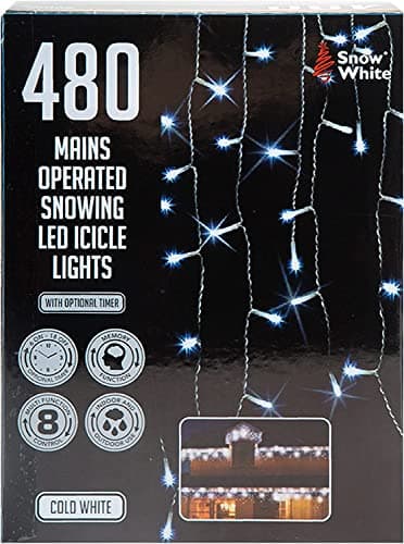 Image of PMS VFM - 7. 6M Cold White Led Snowing Icicle Christmas Fairy Lights - Mains Operated 480 Bulbs Indoor & Outdoor with Optional Timer & Multi Function Controls