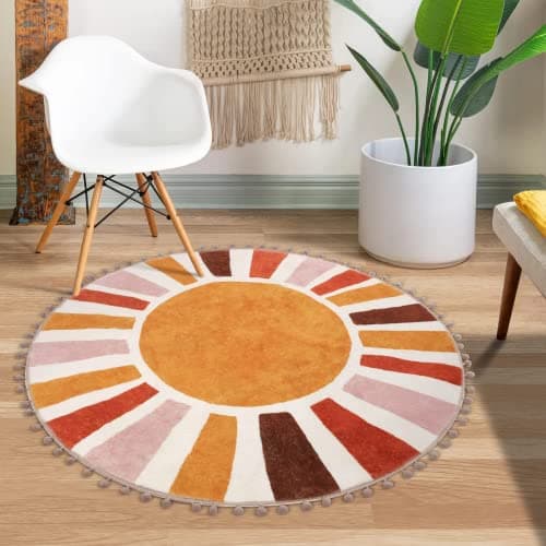 Image of KIMODE Retro Sun Round Rug 90cm, Non Slip Area Rugs for Bedroom Soft Machine Washable Rugs Living Room Indoor Door Mat with Pom Poms Fringe Circle Entryway Rug for Bedroom Living Dining Room