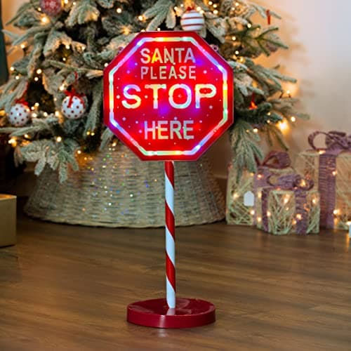 Image of The Christmas Workshop 71679 Santa Please Stop Here Sign / 1m with 45 Multicoloured Lights/Mains Powered/Indoor or Outdoor Festive Decoration