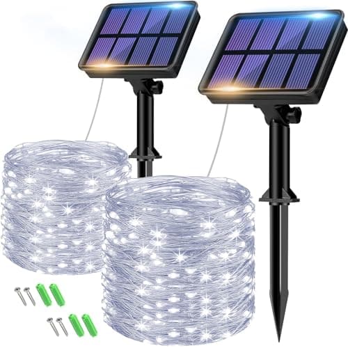 Image of btfarm 2 Pack Solar String Lights Outdoor Garden Waterproof, Total 16M/53FT 160 LED Solar Powered Fairy Lights, 8 Modes Copper Wire Solar Lights for Patio Yard Party Christmas Cool White
