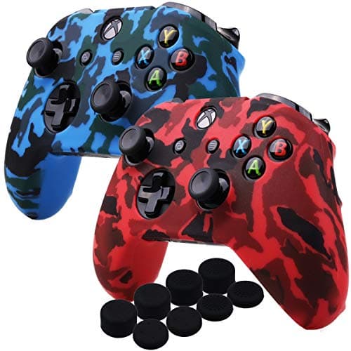 Image of YoRHa Water Transfer Printing Camouflage Silicone Cover Skin Case for Microsoft Xbox One X & Xbox One S controllerx 2(red&blue) With PRO thumb grips x 8