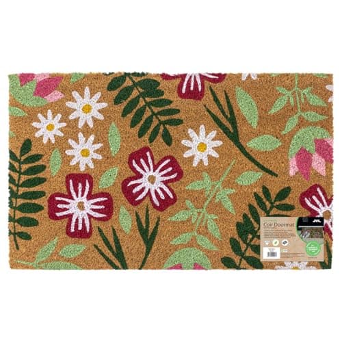 Image of JVL Eco-Friendly Latex Backed Coir Entrance Doormat, 45x75cm - Flowers