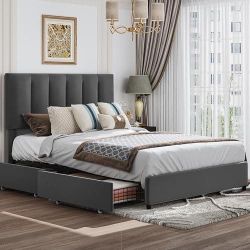 Image of VECELO 4ft6 Double Bed Frame with 4 Storage Drawers, 135×190 cm Upholstered Platform with Adjustable Velvet Headboard, Wood Slat Support, No Box Spring Needed