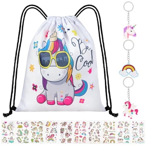 Image of URAQT Unicorn Backpack for Kids, Gym Drawstring Backpack for Kids, Unicorn Drawstring Bags Set with Keychain and Tattoo Sticker, Lightweight Drawstring Bag for Girls Sports Gifts