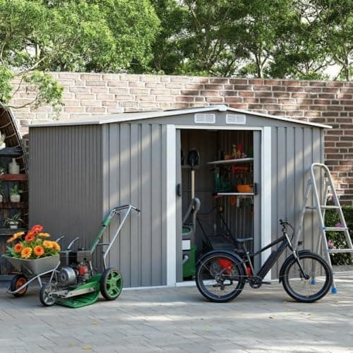 Image of Metal Garden Shed with Sloped Roof, 8x10ft Outdoor Storage, 2460x2995x1775mm, Galvanized Steel, Sliding Door, Ventilation Design, Floor Foundation Included (Grey)