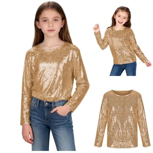 Image of Gold Sequin Tops for Girls 3/4 Sleeve Glitter Tshirts 11 Years, Kids Teens Stylish Streetwear Shiny Metallic Sparkly Pullover Crewneck School Blouses Fall Party Hip Hop Dance Costume