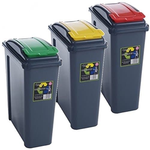 Image of Pack of 3 Recycling Bins 25L 25 Litre Plastic Recycle Dust Bin Kitchen Garden (Red/ Green / Yellow)