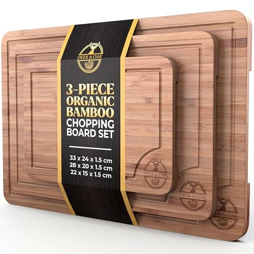Image of Deer & Oak 3-Piece Bamboo Chopping Board Set, Pre-Oiled Wooden Cutting Chopping Boards for Kitchens 33x24cm, 28x20cm, 22x15cm, with Side Handle and Grooves