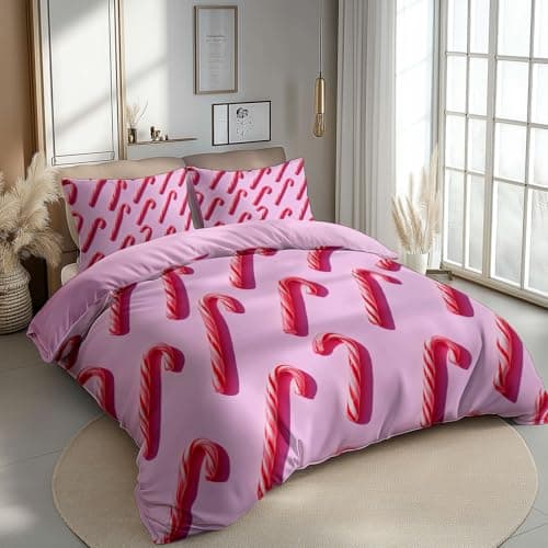 Image of Bedding Set Christmas Theme Candy Cane, Pink Duvet Cover Set Small Single 120 x 150 cm Reversible Soft Hypoallergenic Quilt Cover with 1 Pillowcase - Fashion Bedroom Decor