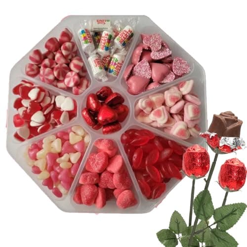 Image of Love Heart Sweets 500g with 3 Chocolate Roses in Gift Tub – Valentine’s Day Sweet Gift, Romantic Candy & Chocolate Treat