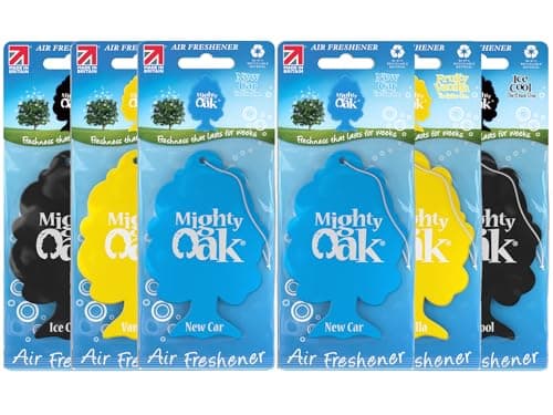 Image of Mighty Oak Air Freshener – Mixed Fragrance 6 Pack (2 Ice Cool, 2 New Car, 2 Vanilla) – Long Lasting Hanging Car Deodoriser – Odour Eliminator Air Freshener – UK Car Scent Fresheners – Auto Accessories
