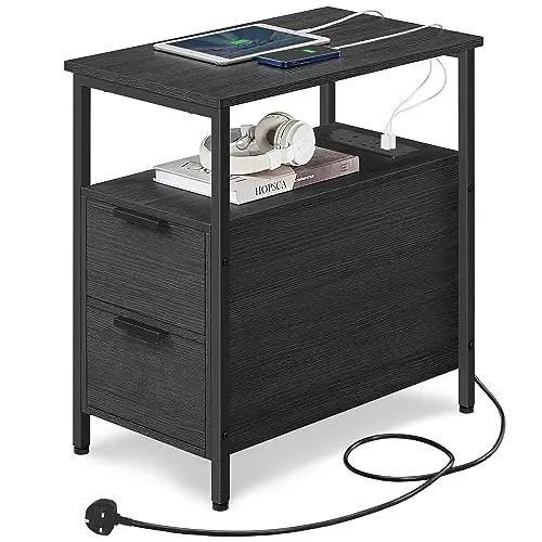 Image of VASAGLE Slim Side Table with Charging Station, Narrow End Table with 2 Drawers, Bedside Table with Storage, for Living Room, Bedroom, Charcoal Grey and Classic Black LET326B22