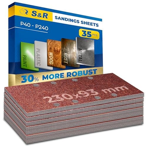 Image of S&R Sanding Sheets – Mixed Grit 40/60/80/120/240 | 93x230 mm | Hook-And-Loop Fasteners | Set of 35 for Wood, Metal & Plastics