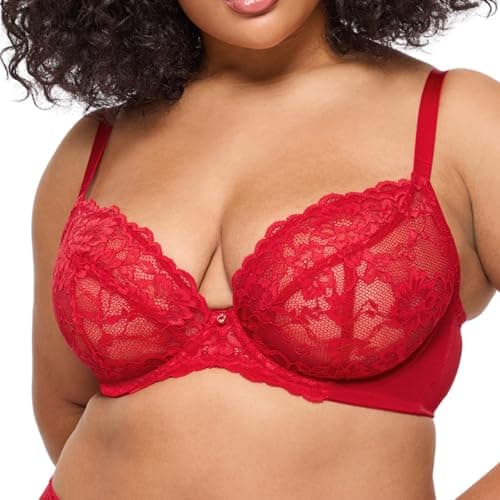 Image of Ann Summers Valentines Sexy Lace Fuller Bust Non Padded Plunge Bra, A-D Cup, Curve-Enhancing Womens Underwear with Underwire Support, Sheer Lace Cups & Power Mesh Wings - Womens Lingerie