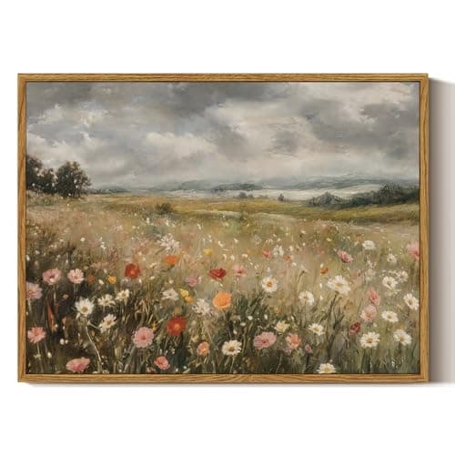 Image of ARPEOTCY Framed Canvas Wall Art Prints, Colorful Wildflower Paintings, Farmhouse Landscape Wall Art for Bedroom Living Room Office, Vintage Bathroom Shelf Decor Aesthetic, 30x40cm
