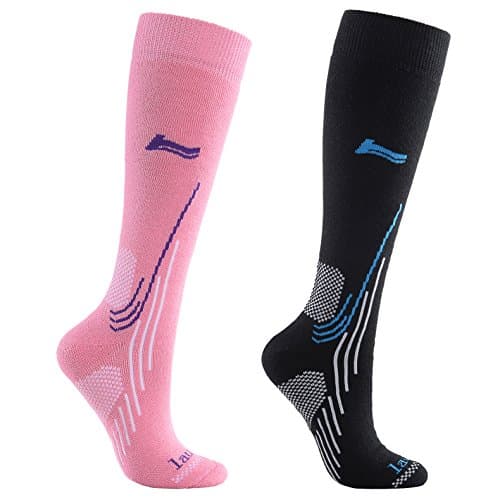 Image of Laulax Ladies Merino Wool Ski Socks, 2 pairs gift box, Black, Pink, Size UK 3-7 / EUROPE 36-40