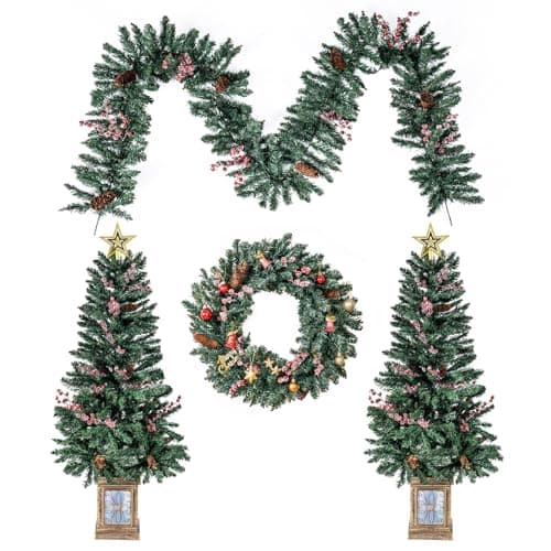 Image of COSTWAY Set of 4 Christmas Trees with Garland and Wreath, 2 Pack Potted Entrances Trees with Natural Pine Cones, Frosted Red Berries and Treetop Star, Seasonal Holiday Decoration for Front Porch Party