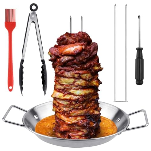 Image of Vertical Kebab Skewer Stand Stainless Steel Meat Skewer with Replacement Two Double Spike(10") and 10 inch Barbecue Gyro Spits Pan for Steak,Chicken,Fish,Turkey Kebab