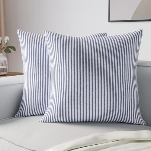 Image of Encasa XO Cushion Covers 2 pcs set (50x50 cm) - Ticking Navy Blue - Decorative Large Square Colourful Washable Eco - Cotton, Throw Pillow Cases for Living Room, Sofa, Bedroom, Home & Hotel