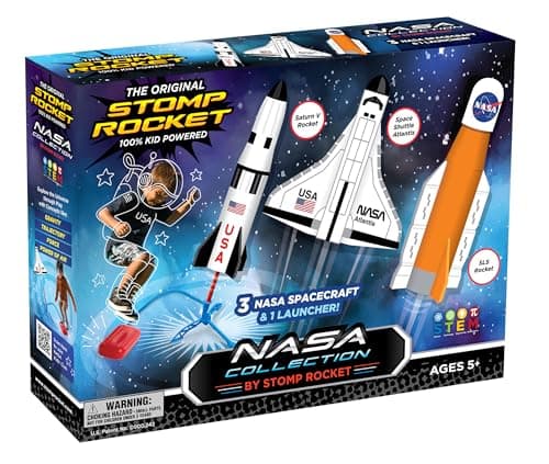 Image of Stomp Rocket - Space Collection - 3 Soft Foam Air Powered Rockets: SLS Rocket, Saturn V Rocket, Space Shuttle Atlantis - Adjustable Launcher and Pad - STEM Gift for Boys and Girls Ages 5 Years and Up