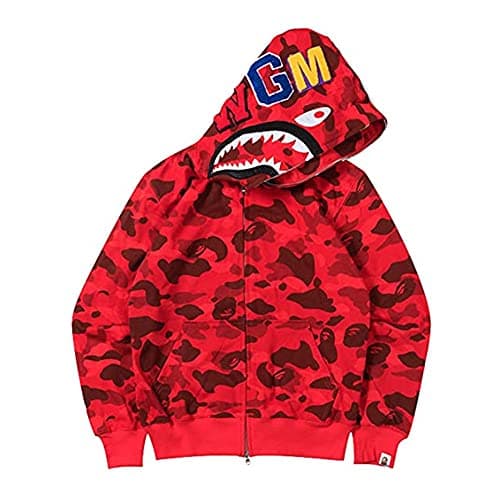 Image of LIAOPUFUS Men Shark Mouth Fashion Hoodie with Zipper Long Sleeve Hip Hop Street Wear Camouflage Hinge Style, 1-red, XL