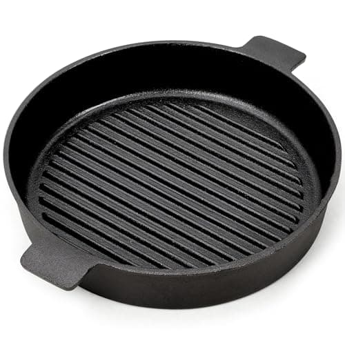 Image of Warmiehomy Cast Iron Griddle Pan,27cm Pre-Seasoned Non-Stick Grill Pan,Round BBQ Cast Iron Skillet with 2 Handles for Gas Induction Electric Hobs and Oven Safe,Ridge Surface