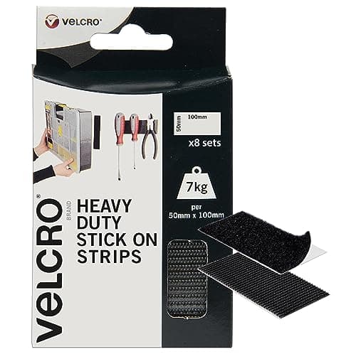 Image of VELCRO Brand | Heavy Duty Stick On Strips | Industrial Strength Double Sided Hook & Loop Self Adhesive Strips Perfect for Room Décor & Home, Office, Garage Use | Black | 50mm x 100mm | Set of 8