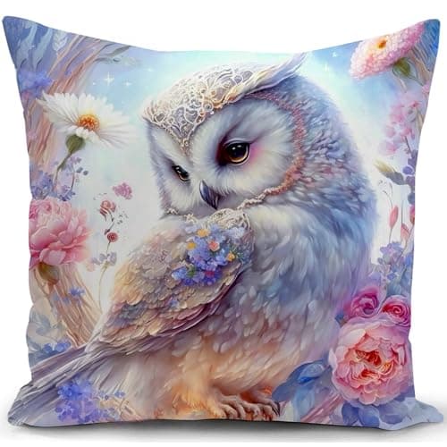 Image of KUNQIAN Cushion Cover Owl Decorations Pillow Cover Owl Animal Ornaments Flowers Gifts for Women Outdoor Decor Home Livingroom Couch Sofa 18"x18"(45x45cm)