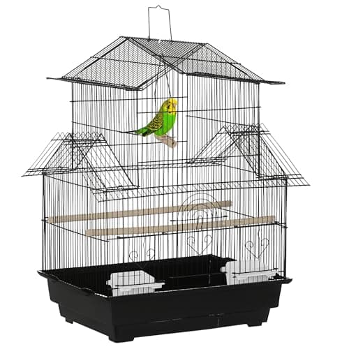 Image of PawHut Metal Bird Cage with Plastic Swing Perch Food Container Tray Handle for Finch Canary Budgie 43.5 x 33 x 63 cm, Black