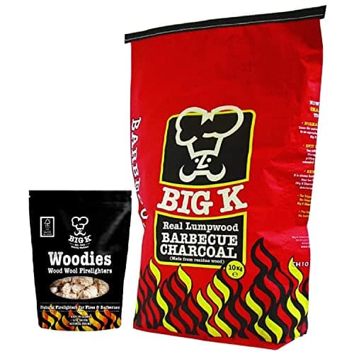 Image of Big K BBQ Grill Charcoal Bulk - Real Lumpwood Charcoal 10kg Bag with 300g Woodies Natural Firelighters & Topline Card for Outdoor Barbeque, Fire Pit, Camping BBQs.