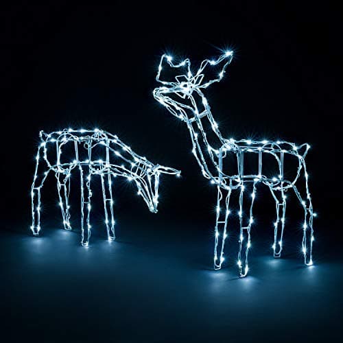 Image of Christow Christmas Reindeer Family Light Up Outdoor Decoration, Energy Efficient LED White Wire Flashing Garden Silhouette, Mains Powered (Large 2 piece set)