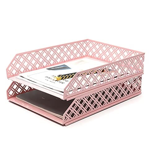 Image of Exerz Letter Trays 2pcs Stackable Paper Sorter/Desk Organiser/File Tray for Desk - Wire Mesh Metal File Rack - Office, School, Home Study (Light Pink)