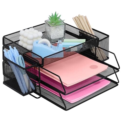 Image of ideallife Letter Trays Stackable with Top Stationery Holder, 2-Tier Metal Desk Organizer Tray with 2 Pen Holder, Paper Filing Tray for Office Supplies - Black