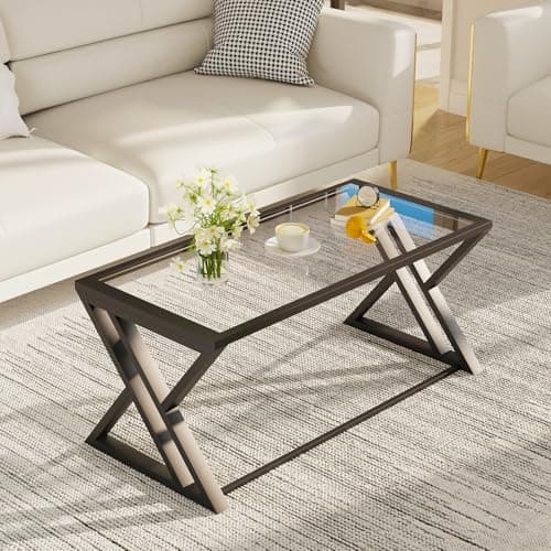 Image of Coffee Table, Living Room Table, Center Tea Tables, Glass Coffee Table, End Sidetable with Black Metal Frame for Living Room Bedroom Office, Modern Open Design, 39 x 19 x 18 IN, Transparent Glass