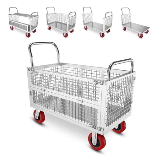 Image of MediHoist 5-in-1 Heavy Duty Silver Platform Trolley 112x71cm,1000kg Capacity Cage Trolley with 15cm Silent Wheels,Versatile Flatbed/U-Shaped/3-Sided Folding Trolley for Warehouse/Logistics/Supermarket
