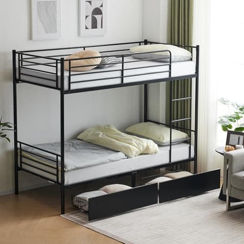 Image of Karlhome Twin Over Twin Bunk Bed, Bunk Beds for Adults Kids Bunk Bed with 2 Drawers Double High Sleeper Bed with Ladder & Guard Rails, Heavy Duty Metal BunkBeds for Teens - No Box Spring Needed, Black