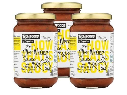 Image of Realfoods by Organico | Organic Alla Norma Pasta Sauce with Aubergine, Tomato, Garlic & Basil – Classic Italian Recipe – Perfect for Pasta & Vegetables | 350g (Pack of 3)