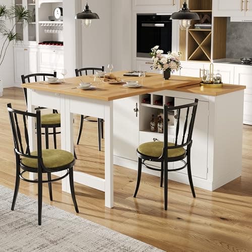 Image of Merax 360° swivelling Dining Bar table Kitchen island, with White storage cabinet with Wine Racks, 2 Drawers, 2 Doors and Folding extending table-40-80X120CM, for Kitchen, Dining Room