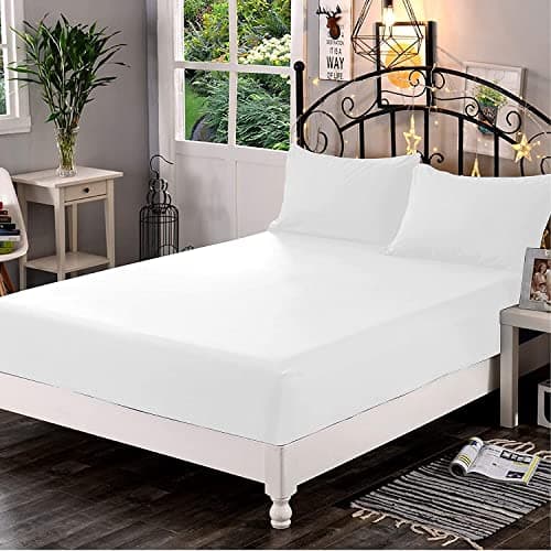 Image of 100% Egyptian Cotton Fitted Sheet, 400 Thread Count 30cm Deep Sheet Extra Deep Fitted Sheet - Fits Mattress Up to 12" Deep Pocket (White, Double)
