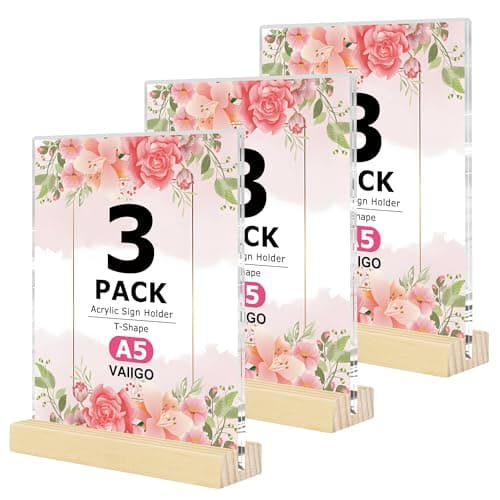 Image of VAIIGO A5 Perspex Display Stand 3Pack – A5 Acrylic Sign Holder with Wooden Base, Double-Sided Table Menu Holder, Poster Display Stand, Leaflet Frame for Restaurant, Office, Shop, Home, Event, Wedding
