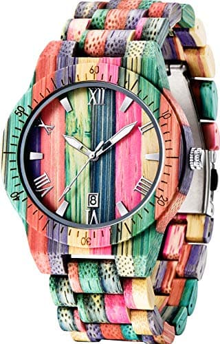 Image of Tiong Men's Wooden Watch Handmade Colourful Bamboo Wooden Watch Analogue Quartz Wrist Watch, colour, Retro