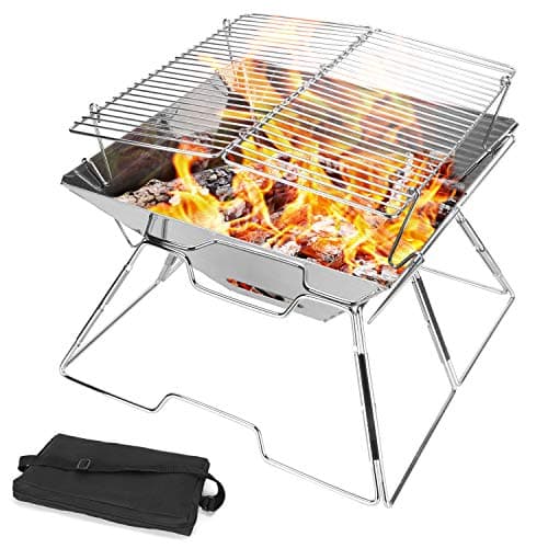 Image of Odoland BBQ Fire Pit Portable Campfire Pit Collapsible Camping Grill 304 Stainless Steel Barbecue for Camping Picnic Terrace Garden with Carrying Bag
