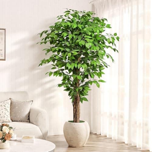 Image of Keeplush 6ft Ficus Artificial Trees with Natural Curved Trunks, 180cm Tall Artificial Plants Tree for Indoor, Fake Ficus Tree Green Lifelike Home Decor