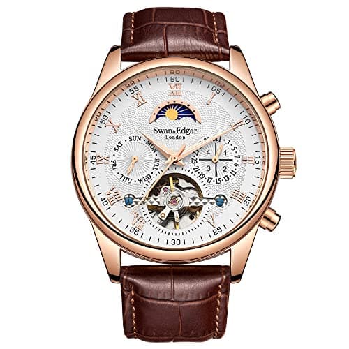 Image of SWAN AND EDGAR Complexity - Automatic Watch for Mens | Moon Face & Open Heart Skeleton Dial | Stainless Steel Case, Sapphire Crystal, Genuine Leather Strap, 30M Water Resistant