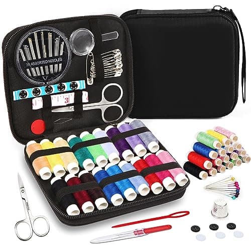 Image of AUERVO Sewing Kit, Mini Sewing Kits 87PCS Thread and Needles Set for Adults, DIY,Home, Travel & Emergency with Compact Small Black Zipper Case